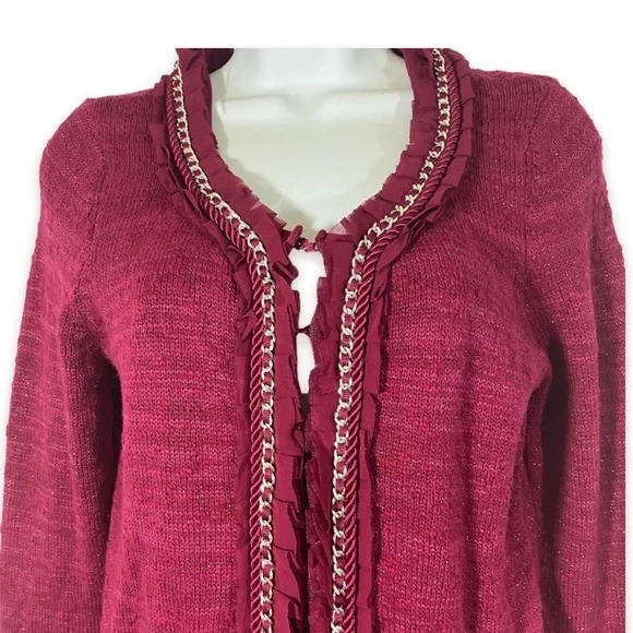 White House Black Market Cardigan Sweater Ruffle Chain Trim Hook And Eye Closure - Picture 3 of 8